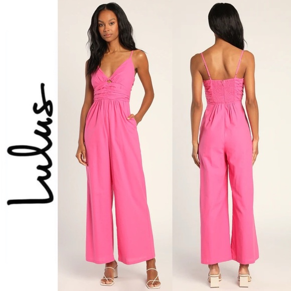Lulus Pants - Send a Message Pink Gathered Wide-Leg Jumpsuit